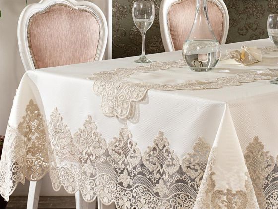 Fransız Güpürlü Yakut Masa Örtüsü Takımı 170x420 Cm 26 Parça Ekru Altın - Çeyiz Diyarı (1)