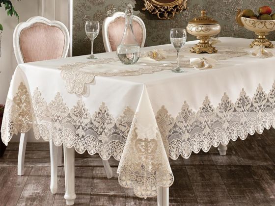 Fransız Güpürlü Yakut Masa Örtüsü Takımı 160x300 Cm 26 Parça Ekru Altın - Çeyiz Diyarı