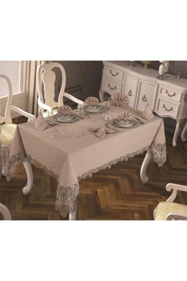 Fransız Güpürlü Yasemin Kadife Tek Masa Örtüsü Cappucino - Çeyiz Diyarı