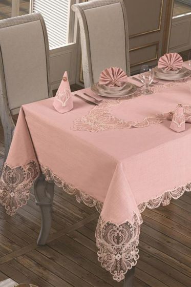 Fransız Güpürlü Yasemin Kadife Tek Masa Örtüsü Pudra - Çeyiz Diyarı (1)