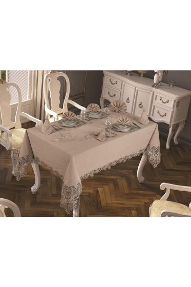Fransız Güpürlü Yasemin Masa Örtüsü Takımı 18 Parça Cappucino - Çeyiz Diyarı