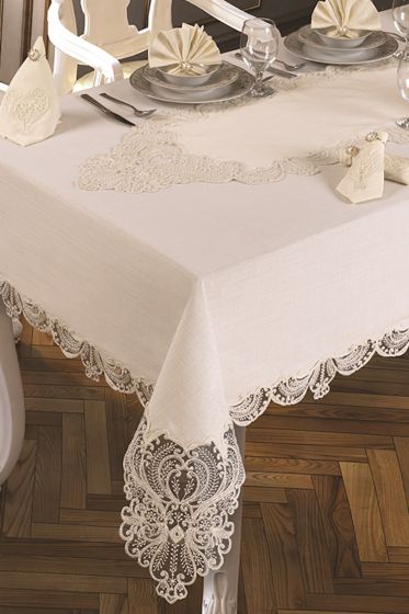 Fransız Güpürlü Yasemin Masa Örtüsü Takımı 18 Parça Ekru - Çeyiz Diyarı