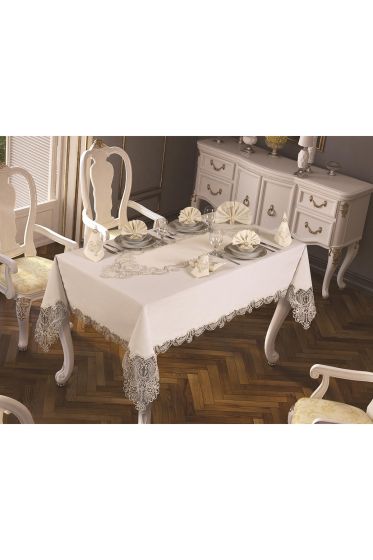 Fransız Güpürlü Yasemin Masa Örtüsü Takımı 18 Parça Ekru Silver - Çeyiz Diyarı