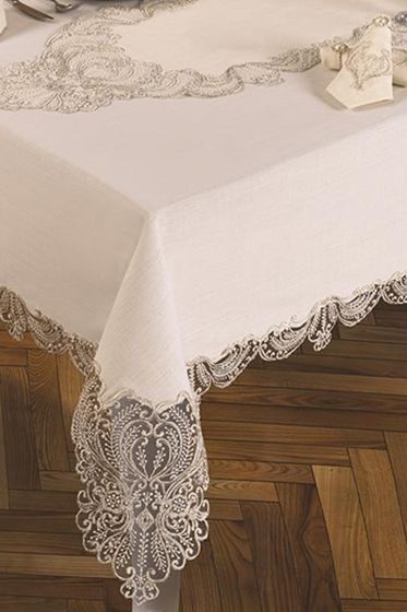Fransız Güpürlü Yasemin Masa Örtüsü Takımı 18 Parça Ekru Silver - Çeyiz Diyarı (1)