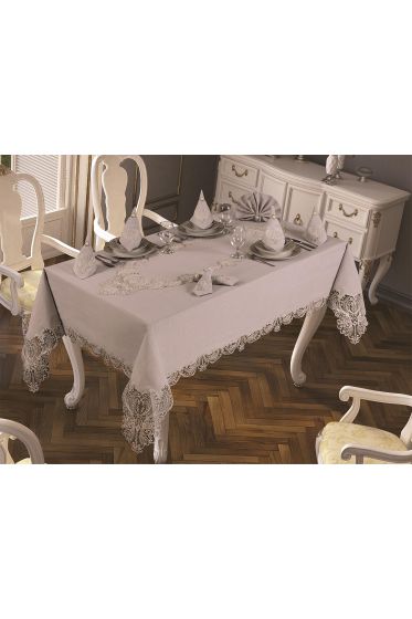Fransız Güpürlü Yasemin Masa Örtüsü Takımı 18 Parça Gri - Çeyiz Diyarı