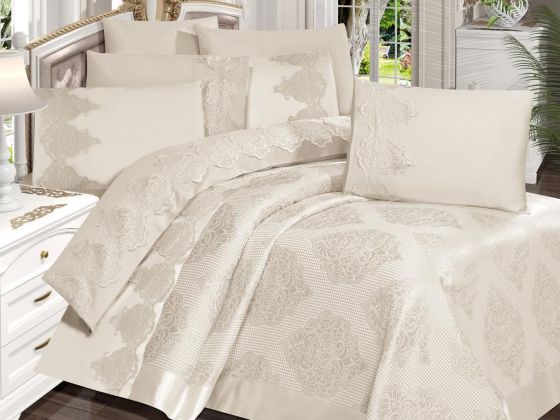 Garden Pamuklu Dantelli Pike Takımı Krem - Çeyiz Diyarı