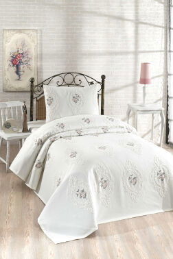 Gardenlove Nakışlı Şönil 2 Parça Tek Kişilik Yatak Örtüsü Krem - 1