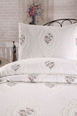 Gardenlove Nakışlı Şönil 2 Parça Tek Kişilik Yatak Örtüsü Krem - 3