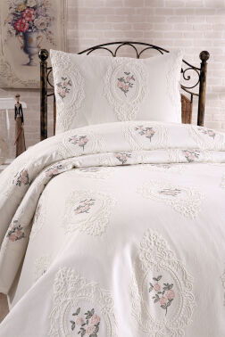 Gardenlove Nakışlı Şönil 2 Parça Tek Kişilik Yatak Örtüsü Krem - 5