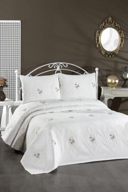 Gardenlove Nakışlı Şönil 3 Parça Çift Kişilik Yatak Örtüsü Bej - 1