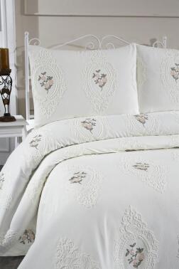 Gardenlove Nakışlı Şönil 3 Parça Çift Kişilik Yatak Örtüsü Krem - 2