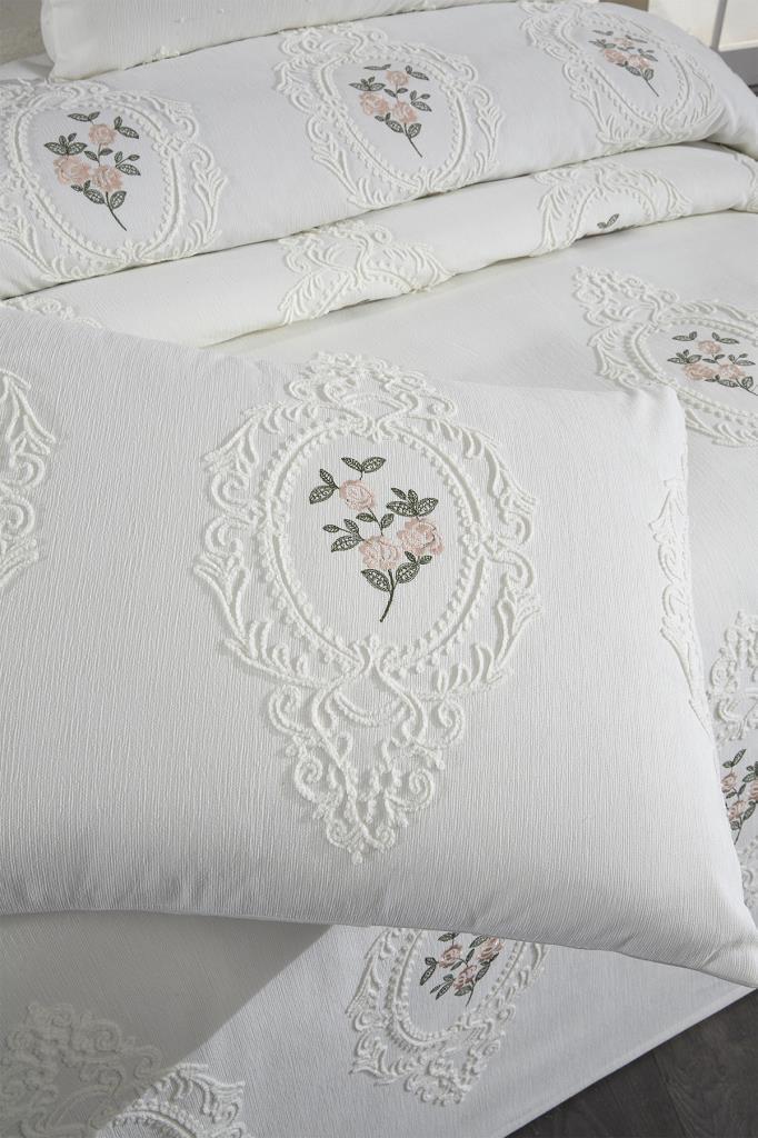 Gardenlove Nakışlı Şönil 3 Parça Çift Kişilik Yatak Örtüsü Krem - 5