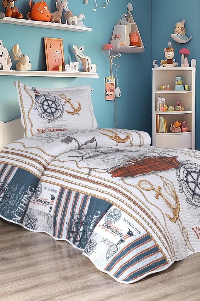 Gemici Baskılı Kapitoneli Tek Kişilik Yatak Örtüsü Mavi - 1