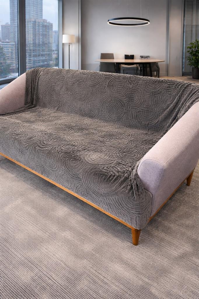 Geometrik Tavşan Tüyü Kaymaz Tabanlı Koltuk Örtüsü 170x215 Cm Antrasit - 1