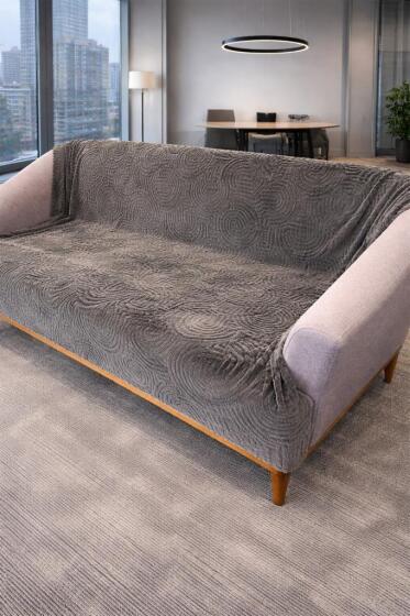 Geometrik Tavşan Tüyü Kaymaz Tabanlı Koltuk Örtüsü 170x215 Cm Antrasit - Çeyiz Diyarı