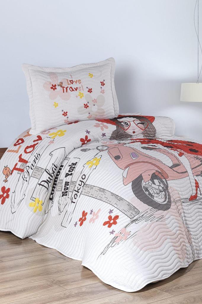 Gezgin Kız Baskılı Kapitoneli Tek Kişilik Yatak Örtüsü Kırmızı - 1