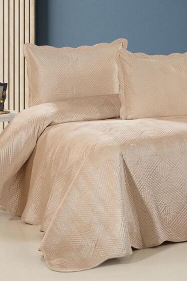 Gona Lüks Kadife Çift Kişilik Yatak Örtüsü Bej - Çeyiz Diyarı