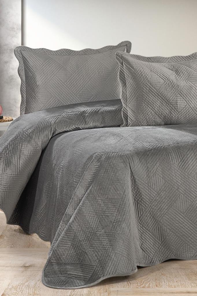 Gona Lüks Kadife Çift Kişilik Yatak Örtüsü Gri - 1