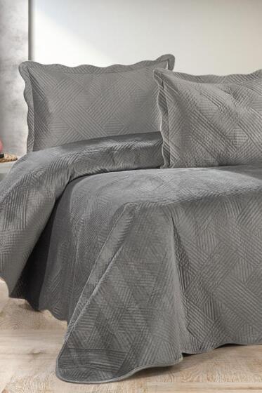Gona Lüks Kadife Çift Kişilik Yatak Örtüsü Gri - Çeyiz Diyarı