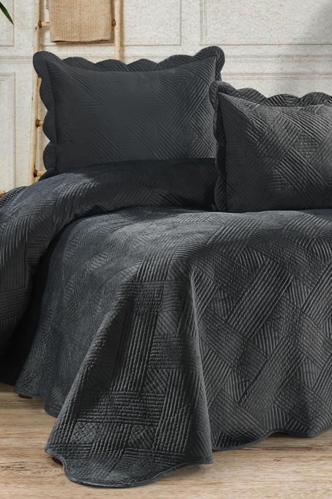 Gona Lüks Kadife Çift Kişilik Yatak Örtüsü Koyu Gri - 1