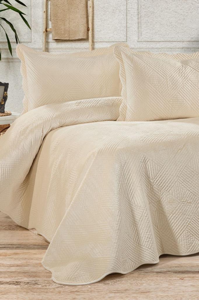 Gona Lüks Kadife Çift Kişilik Yatak Örtüsü Krem - 1