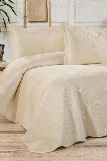 Gona Lüks Kadife Çift Kişilik Yatak Örtüsü Krem - Çeyiz Diyarı