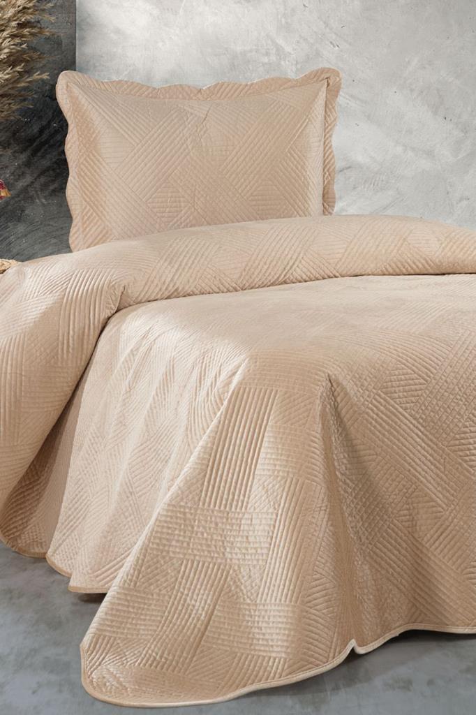Gona Lüks Kadife Tek Kişilik Yatak Örtüsü Bej - 1