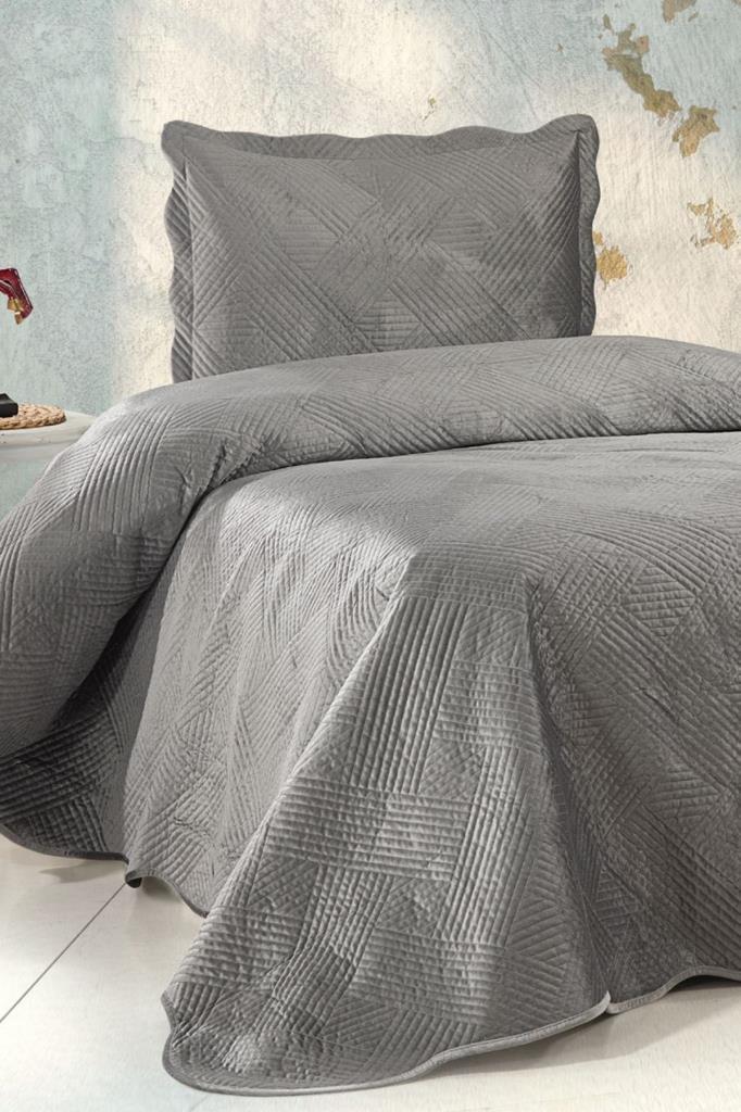 Gona Lüks Kadife Tek Kişilik Yatak Örtüsü Koyu Gri - 1