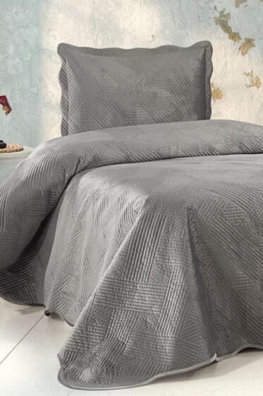 Gona Lüks Kadife Tek Kişilik Yatak Örtüsü Koyu Gri - Çeyiz Diyarı