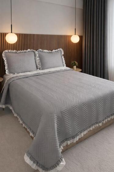 Gonca Çift Taraflı Çift Kişilik Yatak Örtüsü 230x250 Gri - Çeyiz Diyarı