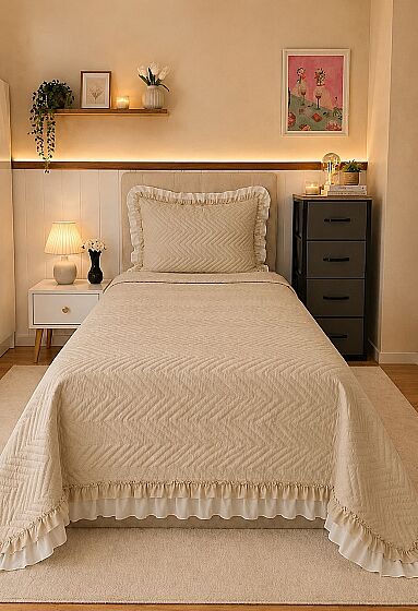 Gonca Çift Taraflı Tek Kişilik Yatak Örtüsü 180x240 Cappucino - Çeyiz Diyarı