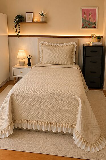 Gonca Çift Taraflı Tek Kişilik Yatak Örtüsü 180x240 Cappucino - Çeyiz Diyarı (1)