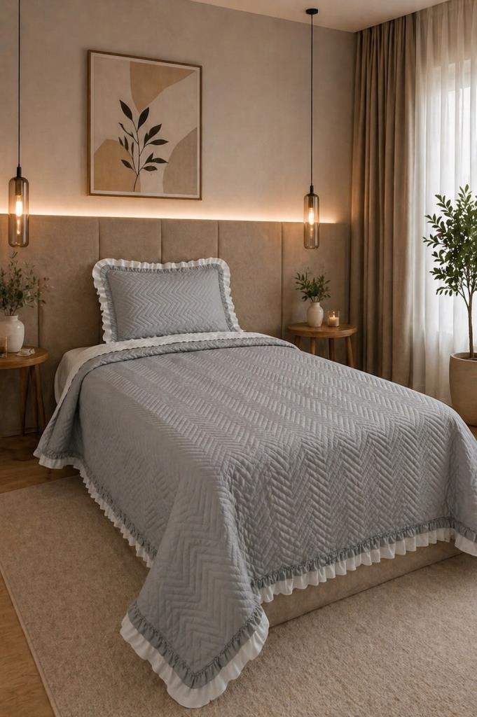 Gonca Çift Taraflı Tek Kişilik Yatak Örtüsü 180x240 Gri - 1