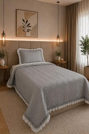 Gonca Çift Taraflı Tek Kişilik Yatak Örtüsü 180x240 Gri - Çeyiz Diyarı
