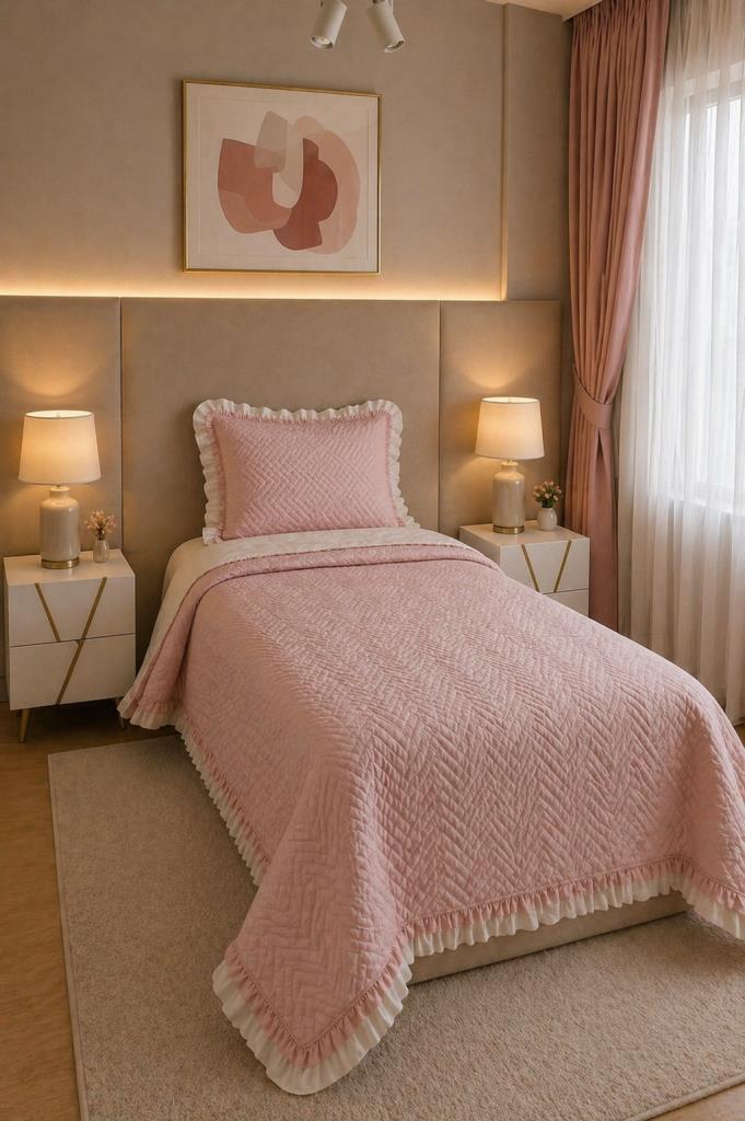 Gonca Çift Taraflı Tek Kişilik Yatak Örtüsü 180x240 Pudra - 1