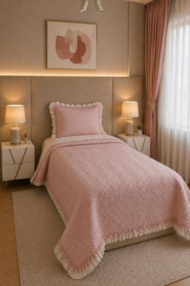 Gonca Çift Taraflı Tek Kişilik Yatak Örtüsü 180x240 Pudra - Çeyiz Diyarı
