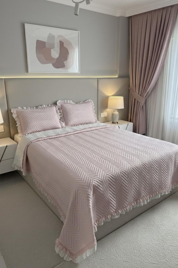 Gonca Çift Taraflı Çift Kişilik Yatak Örtüsü 230x250 Pudra - 1