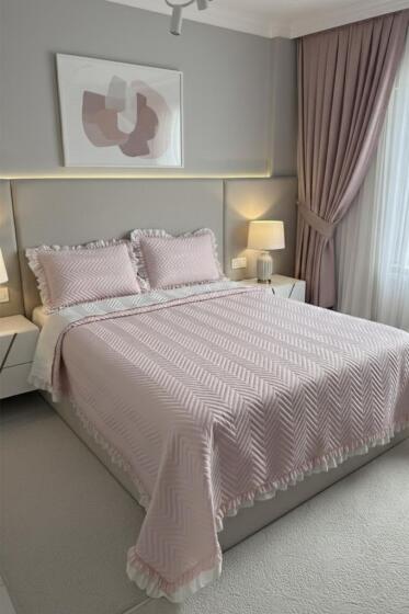 Gonca Çift Taraflı Çift Kişilik Yatak Örtüsü 230x250 Pudra - Çeyiz Diyarı