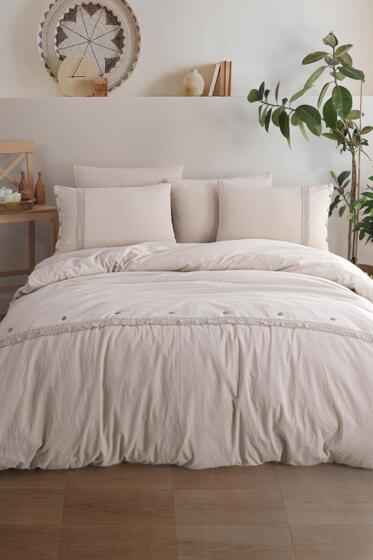 Grace 6 Parça %100 Pamuk Çift Kişilik Nevresim Takımı Bej - Çeyiz Diyarı