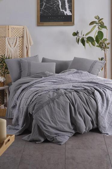 Grace 7 Parça %100 Pamuk Çift Kişilik Pikeli Nevresim Takımı Antrasit - Çeyiz Diyarı