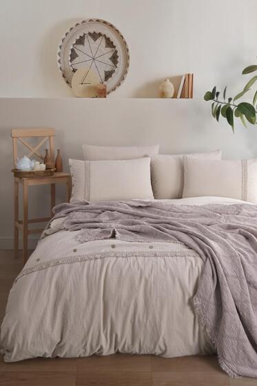 Grace 7 Parça %100 Pamuk Çift Kişilik Pikeli Nevresim Takımı Bej - Çeyiz Diyarı