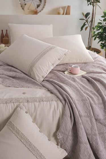 Grace 7 Parça %100 Pamuk Çift Kişilik Pikeli Nevresim Takımı Bej - Çeyiz Diyarı (1)