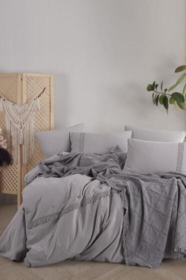 Grace 7 Parça %100 Pamuk Çift Kişilik Pikeli Nevresim Takımı Gri - Çeyiz Diyarı