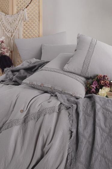Grace 7 Parça %100 Pamuk Çift Kişilik Pikeli Nevresim Takımı Gri - Çeyiz Diyarı (1)