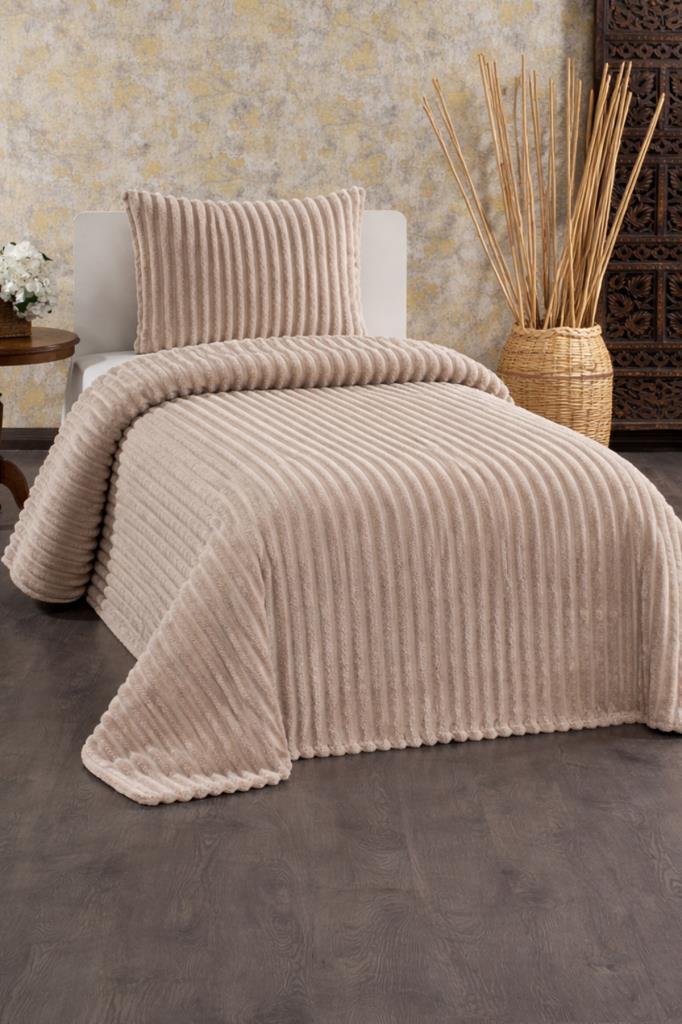 Granada Peluş Tek Kişilik Yatak Örtüsü Bej - 1
