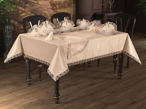 Güpürlü Kdk Masa Örtüsü Takımı 18 Parça Cappucino - Çeyiz Diyarı