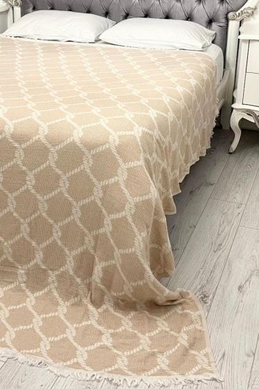Halat Keten Çift Kişilik Saçaklı Tek Pike 220x240 Cm Kahve - Çeyiz Diyarı