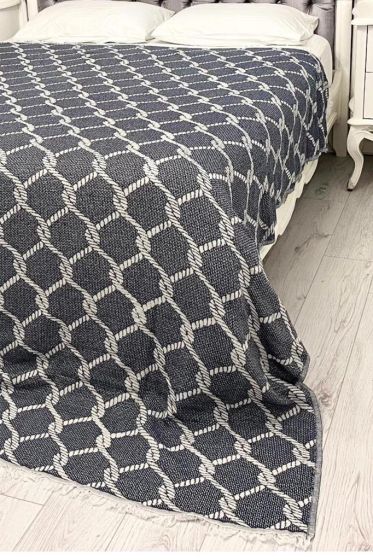Halat Keten Çift Kişilik Saçaklı Tek Pike 220x240 Cm Lacivert - Çeyiz Diyarı