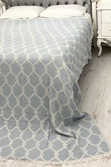 Halat Keten Çift Kişilik Saçaklı Tek Pike 220x240 Cm Mavi - Çeyiz Diyarı