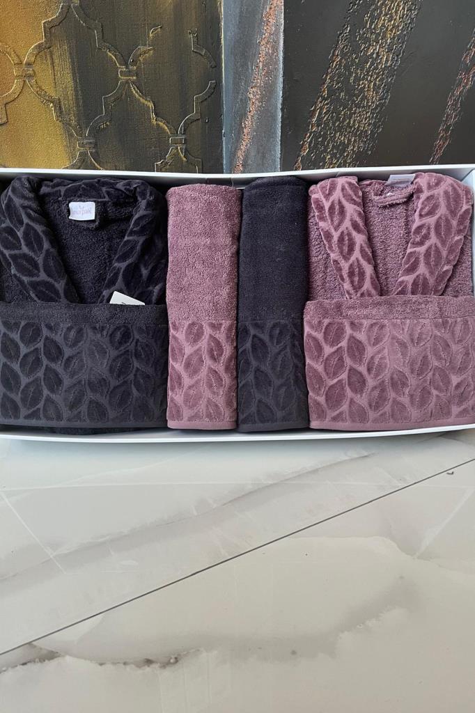 Hazal 8 Parça Aile Bornoz Takımı Antrasit Mürdüm - 1